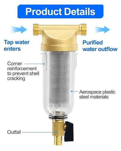 Whole House Water Filter, 1/2 Inch 40 Micron Spin Down Sediment Prefilter System, 3/4" MNPT,BPA-Free Heavy Duty Brass