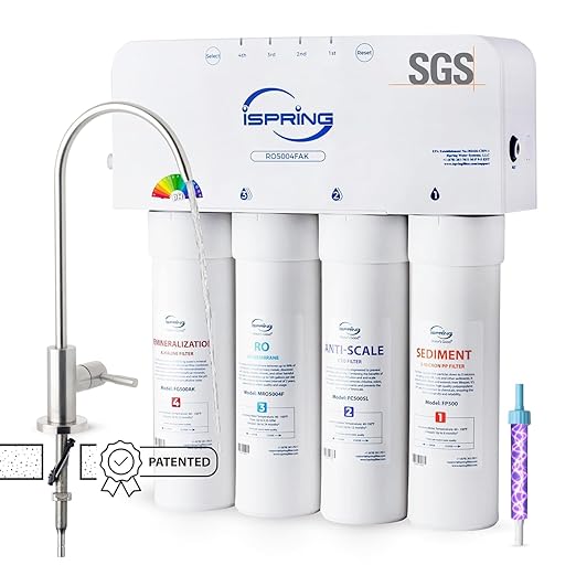 iSpring RO5004F-AK UV Alkaline Reverse Osmosis Water Filter, SGS Tested PFAS and TDS Reduction, 500 GPD Tankless Remineralization RO System Under Sink, Filter Life Monitor, 2:1 Pure to Drain