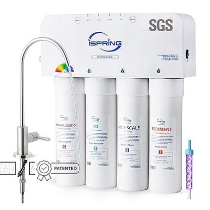 iSpring RO5004F-AK UV Alkaline Reverse Osmosis Water Filter, SGS Tested PFAS and TDS Reduction, 500 GPD Tankless Remineralization RO System Under Sink, Filter Life Monitor, 2:1 Pure to Drain