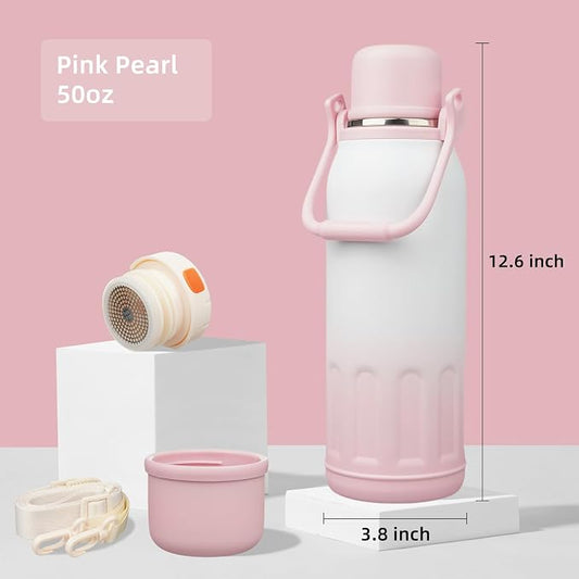 Konokyo Insulated Water Bottle with Handle and Strap,Vacuum Travel Tumbler with Cup Lid,Thermo Coffee Cup for Hot Cold Drinks 50 OZ,Pink Pearl