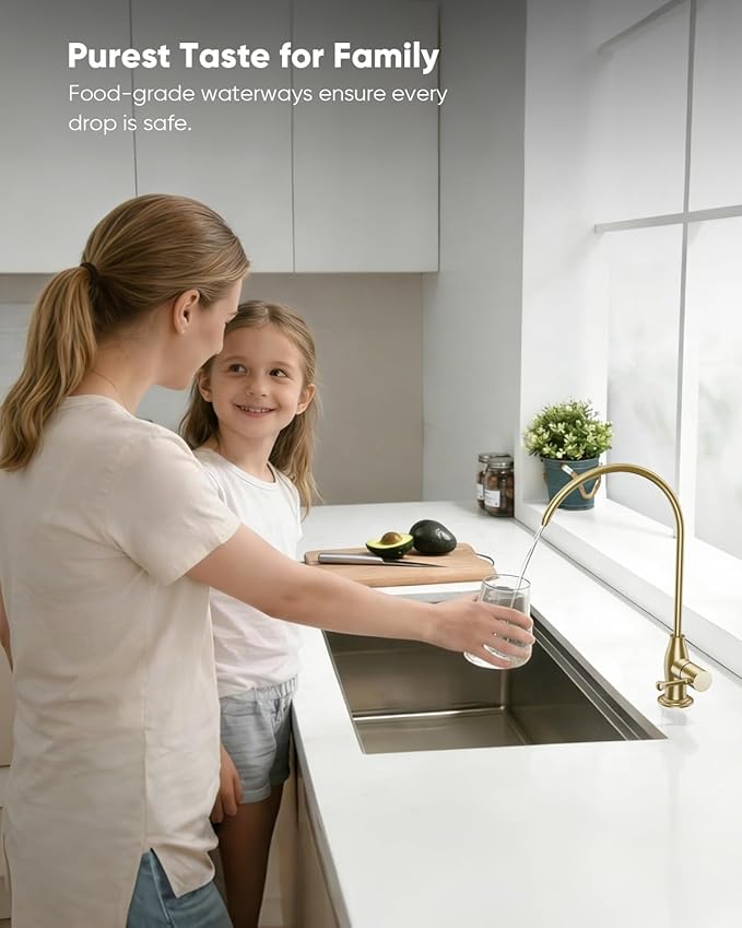 WEWE Vintage Drinking Water Faucet, Lead-Free Stainless Steel Kitchen Water Filter Faucet for Reverse Osmosis System, Non-Air Gap RO Beverage Faucet, Gold