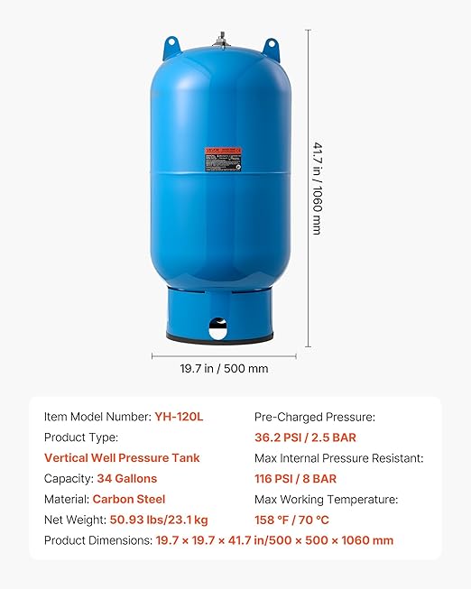 VEVOR 34-Gallon Vertical Well Pressure Tank, Pre-Charged Pressurized Water Tank for Well Pumps, Heavy-Duty Carbon Steel Water Storage Container for Home, School, Farm & Irrigation Systems