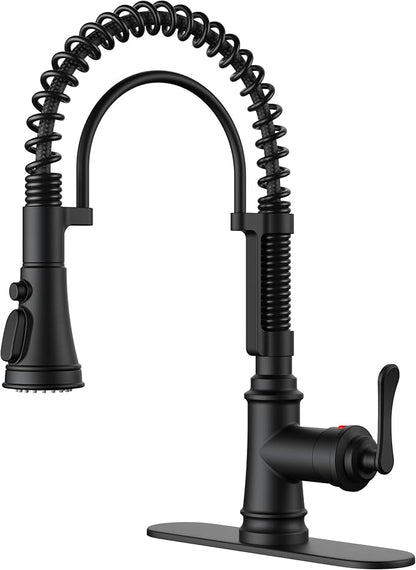FORIOUS Black Kitchen Faucet with Pull Down Sprayer, Stainless Steel Single Handle Spring Antique Kitchen Sink Faucet with Deck Plate for 1 or 3 Holes, Sutiable for Farmhouse, RV, Camper, Wet Bar