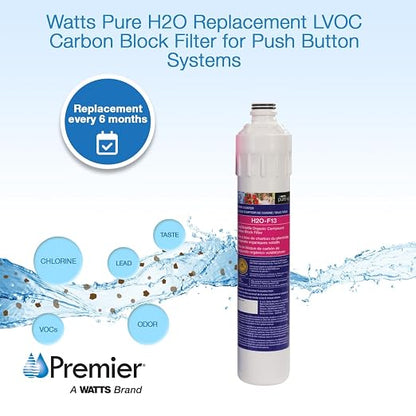Watts Premier H2O-F13 Pure H2O LVOC Carbon Block Filter Replacement for H2O-DWGC100, H2O-DWGC101, H2O-DWCB200, H2O-DWUF300 Under Counter Water Filtration Systems, Push Button Design