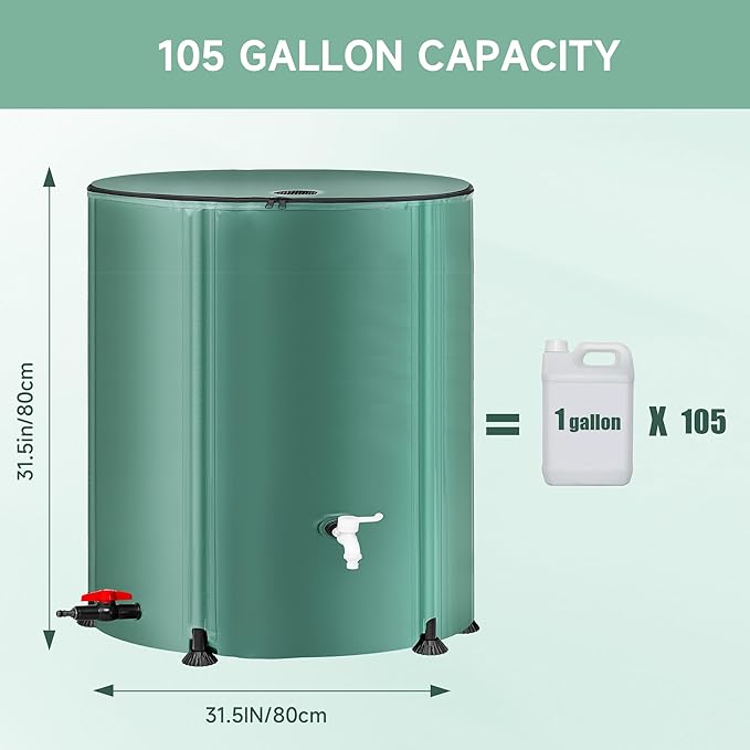 Collapsible Rain Barrel Water Storage Containers-105 Gallon Portable Rainwater Collect System Water Tank to Collect Rainwater from Gutter Downspout Water Catcher with Spigots,Filter＆Overflow Kits