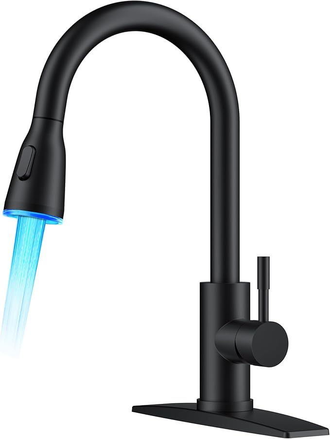 FORIOUS LED Kitchen Faucet with Pull Down Sprayer, Black Single Handle Stainless Steel Traditional Sink Faucets with LED Light Sprayer Head, Suitable for Farmhouse Laundry Camper Rv Bar