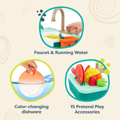 B. toys – Sink Play Set – Toy Kitchen Sink – Faucet & Running Water, Dishes, Play Food – Pretend Play Set for Kids – 3+ Years– Splash-n-Scrub Sink