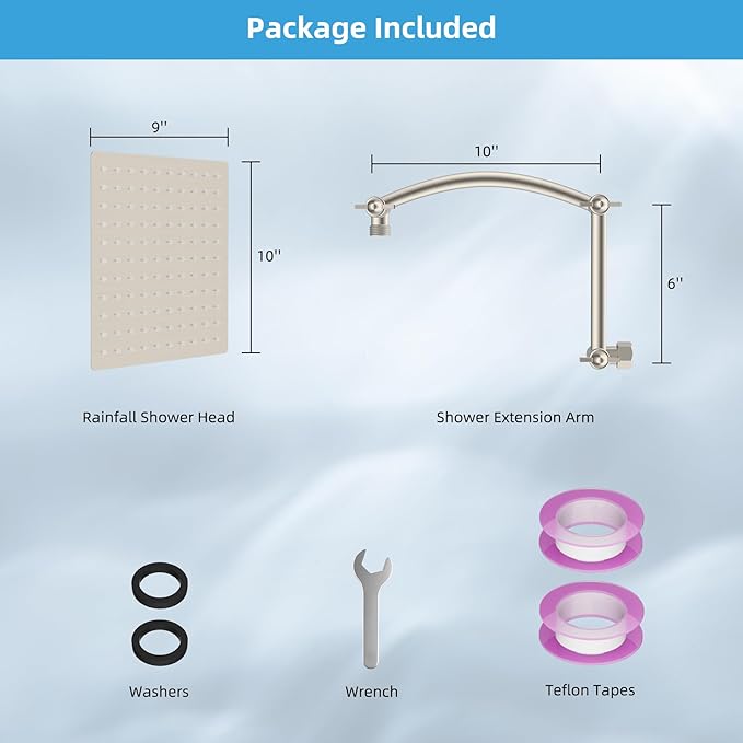 Hibbent All Metal cUPC Certified Rain Shower Head, 10'' High Pressure Rainfall Showerhead with 16" Shower Head Extension Arm, Brass Adjustable Shower Arm Extender, fixed Showerheads, Brushed Nickel
