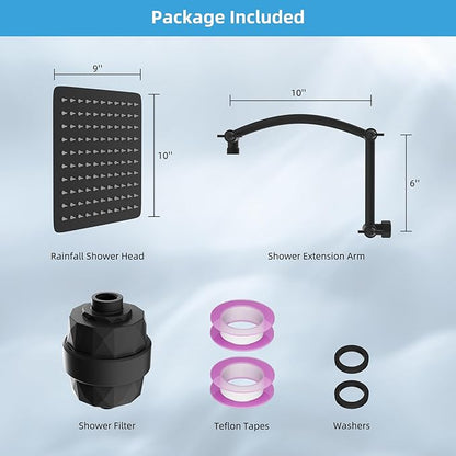 Hibbent All Metal Rain Filtered Shower Head, 10'' High Pressure Rainfall Showerhead with 16" Shower Head Extension Arm, 20 Stage Shower Filter, Solid Brass Adjustable Shower Arm Extender, Matte Black
