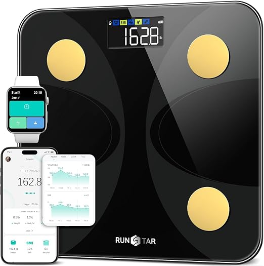 Scale for Body Weight and Fat Percentage, RunStar Digital Accurate Bathroom Smart Scale with Large Display, FSA&HSA Eligible 13 Body Composition Analyzer Sync App, Black Gold