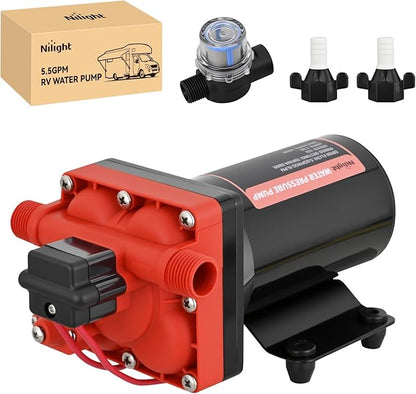 Nilight RV Water Pump 12v Camper Water Pump 5.5 GPM 70 PSI with Pressure Switch& Strainer Heavy Duty Diaphragm Pump 12 Volt DC Upgrade Self-Priming Low Noice for RV Camper Marine Yacht Caravan Trailer