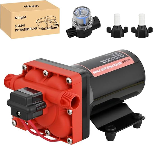 Nilight RV Water Pump 12v Camper Water Pump 5.5 GPM 70 PSI with Pressure Switch& Strainer Heavy Duty Diaphragm Pump 12 Volt DC Upgrade Self-Priming Low Noice for RV Camper Marine Yacht Caravan Trailer