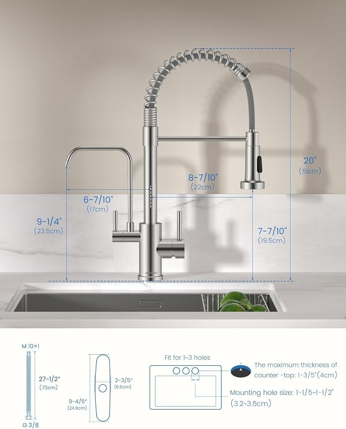 APPASO 3 in 1 Kitchen Faucet with Water Filter Brushed Nickel | 20 Inches High Arc Upgraded Separate Drinking Water 2 Handle 3 Way Kitchen Water Filter Faucet (Without Filtration Device)