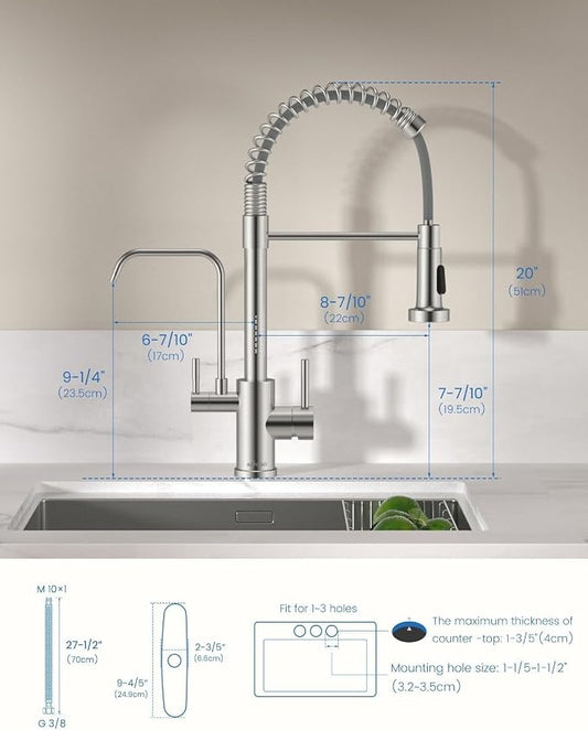 APPASO 3 in 1 Kitchen Faucet with Water Filter Brushed Nickel | 20 Inches High Arc Upgraded Separate Drinking Water 2 Handle 3 Way Kitchen Water Filter Faucet (Without Filtration Device)