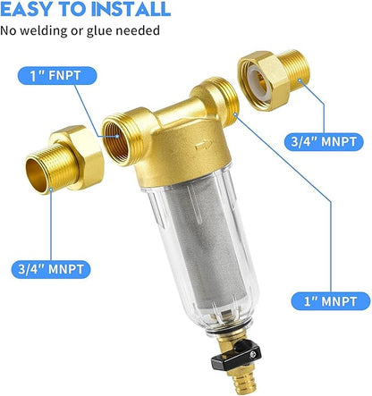 50 Micron Spin Down Sediment Filter for Whole House and Well Water, Reusable Washing Machine Water Filter, BPA-Free Pre-Filter