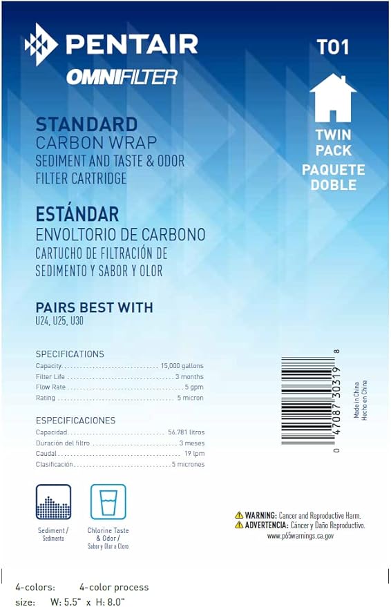 Pentair OMNIFilter TO1 Carbon Water Filter, 10-Inch, Standard Whole House Carbon Wrap Sediment and Taste & Odor Replacement Filter Cartridge, 10" x 2.5", 5 Micron, (Pack of 6)