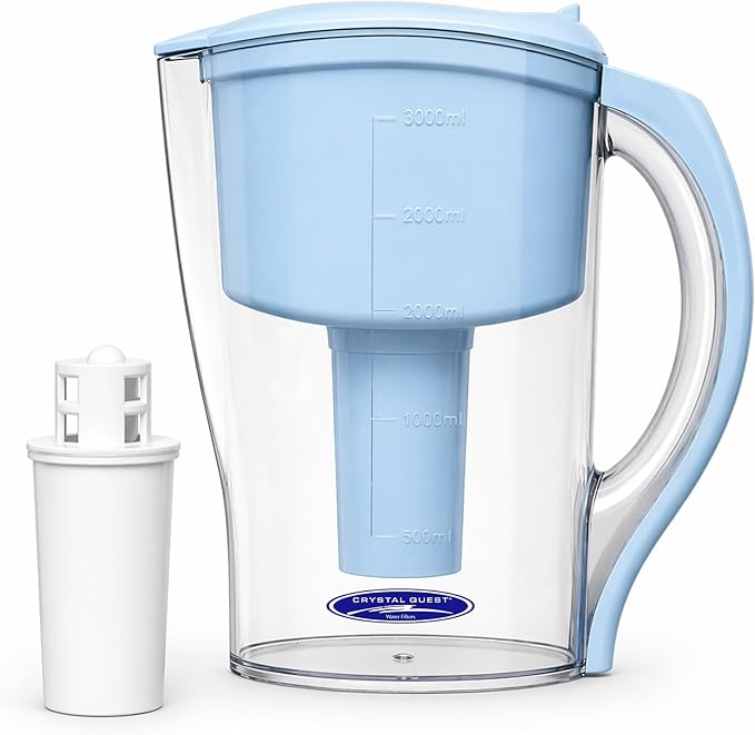 Crystal Quest Water Filter Pitcher - 12-Cup Capacity, 6-Stage Filtration, Includes 1 Long-Life Filter, BPA Free, Meets NSF Standard 42 - Filter Upto 2000 Gallons - Standard (Smart)/Blue