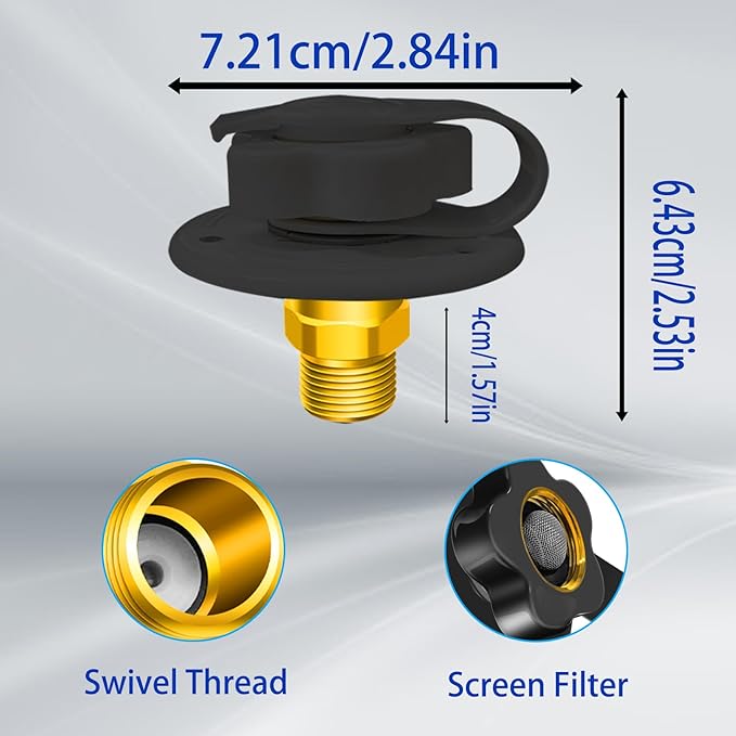 RV City Water Inlet with Check Valve, RV Water Inlet Replacement, 3/4 NH Female to 1/2 NPT Male Black Flange RV Fresh Water Inlet, RV Water Inlet with Dust Plug for RV Camper Motorhome, Black