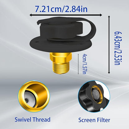 RV City Water Inlet with Check Valve, RV Water Inlet Replacement, 3/4 NH Female to 1/2 NPT Male Black Flange RV Fresh Water Inlet, RV Water Inlet with Dust Plug for RV Camper Motorhome, Black