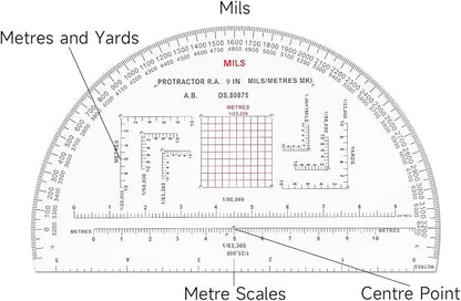 CYA MP-3 9" Half Circle Military Map Protractor - Mils Romer Scale Tool | Thick waterproof 9" half circle map protractor with mils & romer scales. Fits 1:25k, 1:50k & 1:100k UTM/MGRS charts.