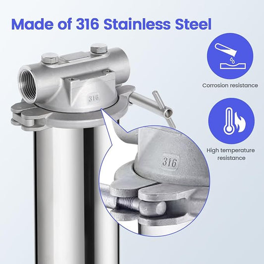 Amwater 316 Stainless Steel Filter Housing for Filter Cartridge, Water Filter Housing for Whole House Water Purification of Stainless Steel 316 (10" C Housing-1 NPT)