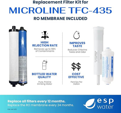 Microline TFC-435 Replacement Filter Kit – Complete with 50 GPD Reverse Osmosis Membrane, Genuine Components for Contaminant Reduction, Reduces Fluoride, Chlorine, and Arsenic V