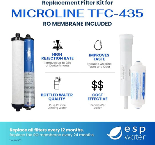 Microline TFC-435 Replacement Filter Kit – Complete with 50 GPD Reverse Osmosis Membrane, Genuine Components for Contaminant Reduction, Reduces Fluoride, Chlorine, and Arsenic V