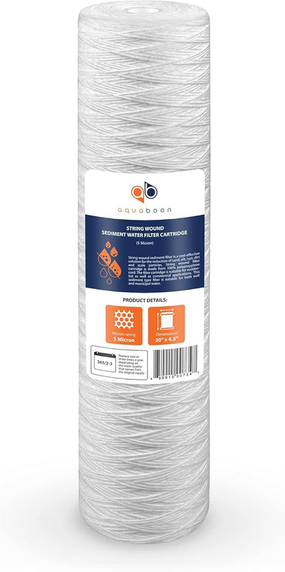 Aquaboon 5 Micron 20 x 4.5 Whole House String Wound Water Filter Replacement Cartridge for Well Water Filtration Compatible with WP5BB20P, 4-Pack