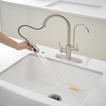 Kitchen Faucets with Water Filter and Pull Down Sprayer,Kitchen Sink Faucet,Two Handle Sink Faucet with Pull Down Sprayer for 3 Function,Without Water Filtration Device,Brushed
