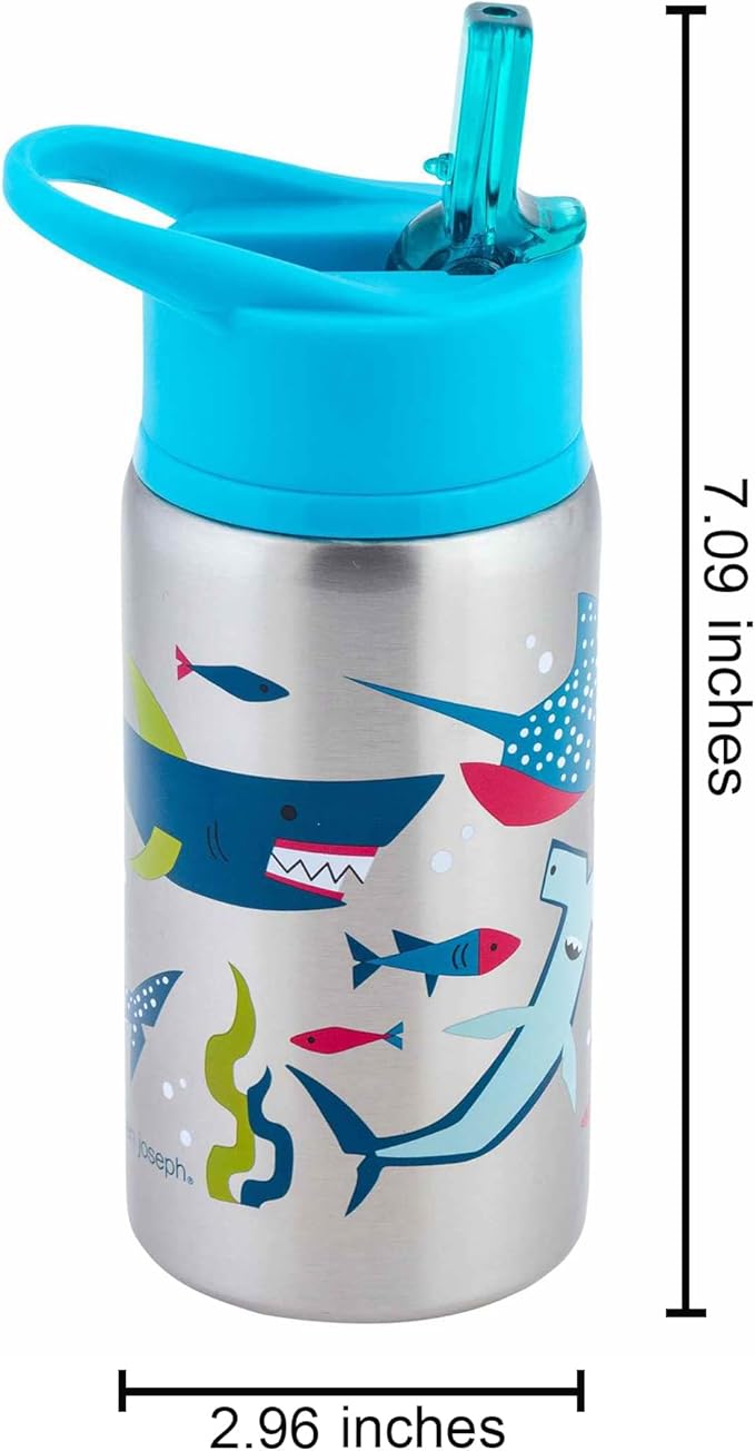 Stephen Joseph Stainless Steel Water Bottles, 18 OZ, Straw lid, Reusable tumbler, Insulated, Shark