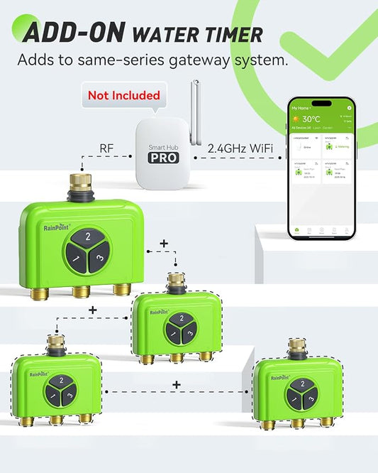 RAINPOINT 3-Zone WiFi Add-On Water Timer (Gateway Not Included), Brass Inlet/Outlet WiFi Hose Timer, Expands Smart Irrigation System, Works with RAINPOINT Home APP Series Gateway, Smart Watering