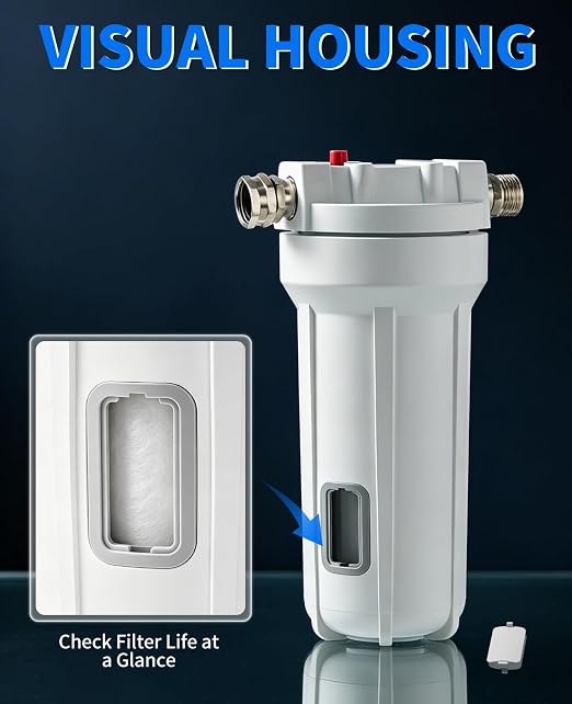 4-Stage RV Water Filter with Visible Cartridge Life Window, 7000 Gal Capacity, 3/4" GHT Camper Water Filter, Removes Sediments, Chlorine, PFAS, Heavy Metals, Bad Taste & Odor, for Marine and Gardening