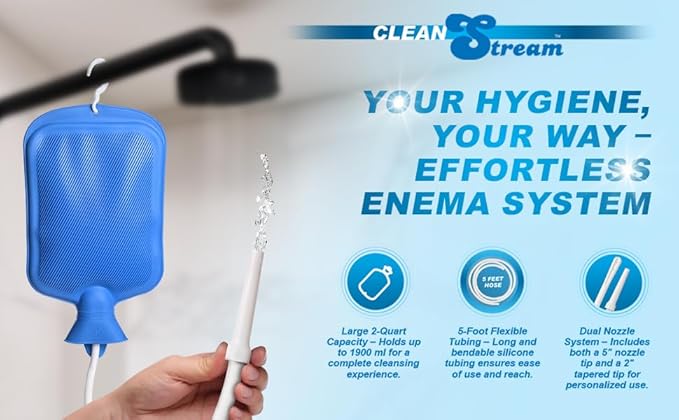 CleanStream Water Bottle Enema Cleaning Kit for Men and Women, 2 Quart Durable Rubber Bag with 5-Foot Flexible Tube, Tapered and Nozzle Tips Included, Flow Control Clamp, Hygienic Design