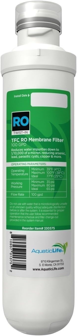 AQUATICLIFE Twist-in 100 GPD TFC RO Membrane Filter Replacement Cartridge for Reverse Osmosis Deionization Water Filter System RO/RODI Units, White (330375)