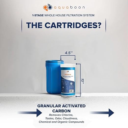 Aquaboon Whole House Water Filter System for Well Water with 5 Micron 10x4.5 Ganular Activated Carbon (GAC) Chlorine Reduction Cartrige | NSF Certified, Pressure Gauges & Releas, Wrench, Bracket 1"NPT