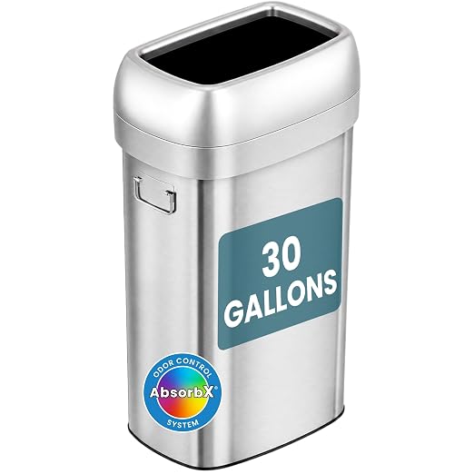 iTouchless 30G Commercial Trash Can with Wheels | Open Top Stainless Steel | Heavy-Duty 114L Oval Bin with 2 AbsorbX Odor Filters. ADA Compliant for Restaurant Restroom Hotel Office Healthcare Retail