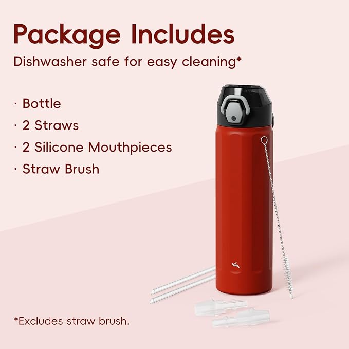 Konokyo FLOWPLAY 22oz Locking Push-Button Water Bottle with Silicone Spout,Leak-Proof,18/8 Stainless Steel Double-Wall Vacuum Insulated for Sports and Travel,BPA-Free,Red