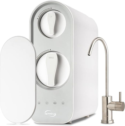 iSpring RO600BN Tankless Reverse Osmosis System Under Sink, 600 GPD Fast Flow RO System, 2.5:1 Pure to Drain Ratio RO Water Filter System, Brushed Nickel Faucet, White