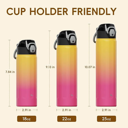 Konokyo FLOWPLAY 25oz Locking Push-Button Water Bottle with Silicone Spout,Leak-Proof,18/8 Stainless Steel Double-Wall Vacuum Insulated for Sports and Travel,BPA-Free,Rainbow