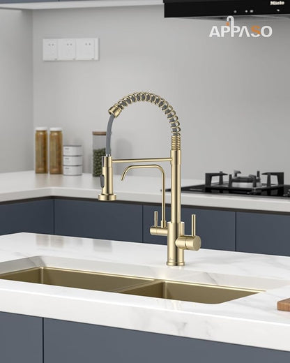APPASO 3 Way Gold Kitchen Faucet with Water Filter | NSF/ANSI/CAN 372 & Lead-free 3 in 1 Kitchen Faucet for Farmhouse Laundry Camper RV Bar (Without Water Filtration Device)