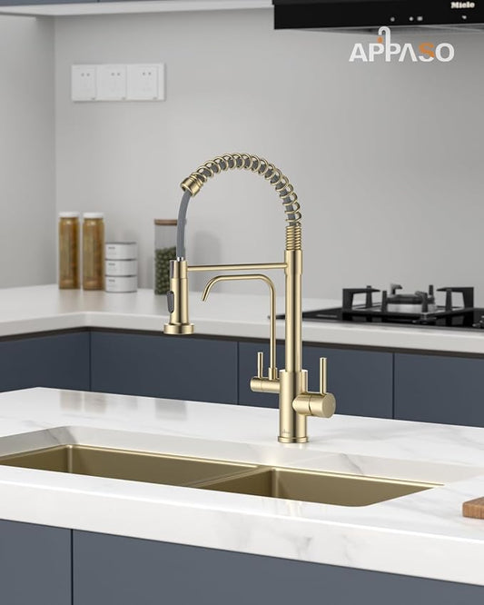 APPASO 3 Way Gold Kitchen Faucet with Water Filter | NSF/ANSI/CAN 372 & Lead-free 3 in 1 Kitchen Faucet for Farmhouse Laundry Camper RV Bar (Without Water Filtration Device)