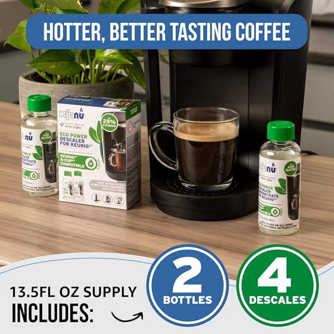 Keurig Compatible Descaling Solution. 2 Bottles of Descaler Solution. Descaling Kit Removes Limescale For Hotter Coffee. 4 Uses Descaler For Keurig Coffee Makers.