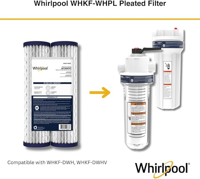 Whirlpool 10" x 2.5" Whole House Sediment Water Filters, WHKF-WHPL Pleated Filter, 20 Micron, NSF Certified Reduces Sand, Soil, Silt & Rust for Standard Filter Housings, 24-Pack