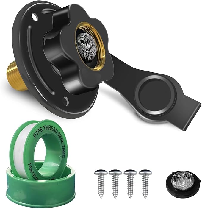RV City Water Inlet with Check Valve, RV Water Inlet Replacement, 3/4 NH Female to 1/2 NPT Male Black Flange RV Fresh Water Inlet, RV Water Inlet with Dust Plug for RV Camper Motorhome, Black