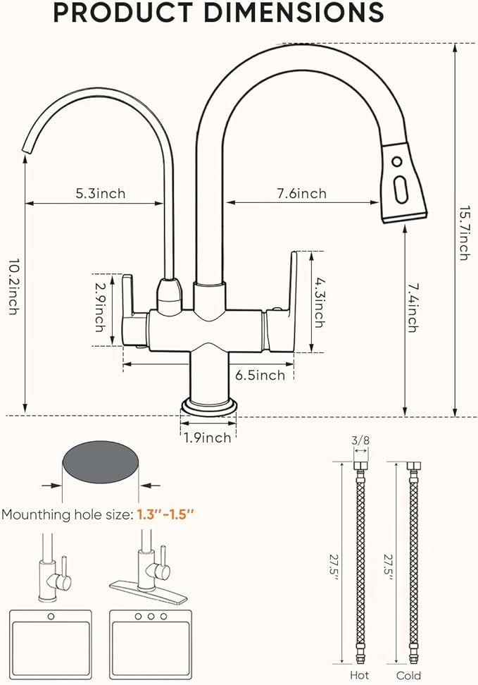 WANFAN Kitchen Sink Faucet with Pull Down Sprayer 2 Handle 3 in 1 Water Filter Purifier Faucets Black 0195R