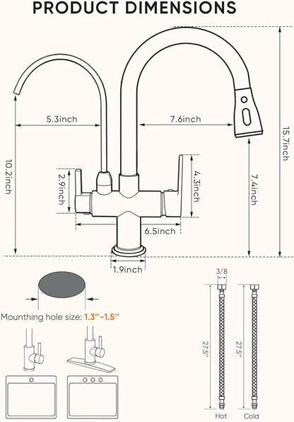 WANFAN Kitchen Sink Faucet with Pull Down Sprayer 2 Handle 3 in 1 Water Filter Purifier Faucets Brushed Nickel 0195SN