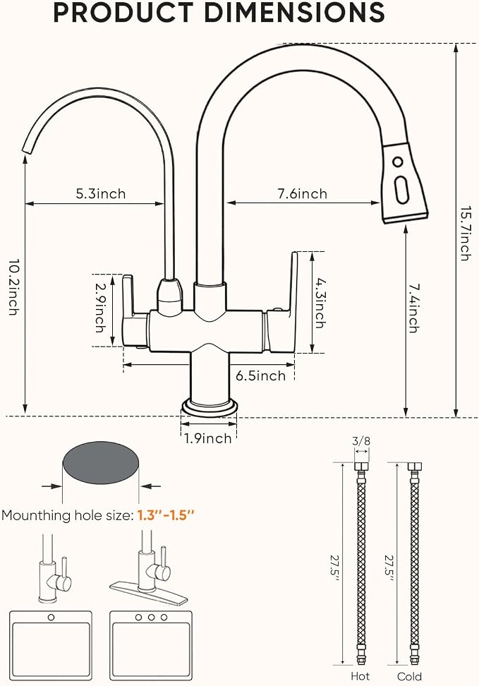Kitchen Faucet with Water Filter Spout — 2-in-1 Brushed Nickel Pull-Down Sink Faucet, NSF-Certified Filtered Water Tap, Single-Handle with Detachable Deck Plate Fits 1 or 3 Hole by OWOFAN