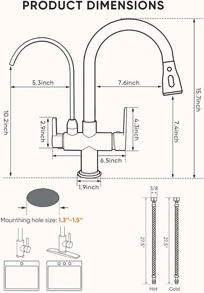 Kitchen Faucet with Water Filter Spout — 2-in-1 Brushed Nickel Pull-Down Sink Faucet, NSF-Certified Filtered Water Tap, Single-Handle with Detachable Deck Plate Fits 1 or 3 Hole by OWOFAN
