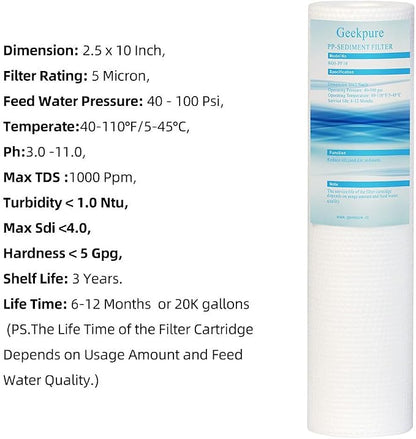 Geekpure Universal Compatible Reverse Osmosis Filter Replacement Set -2.5 x 10 Inch -Pack of 6