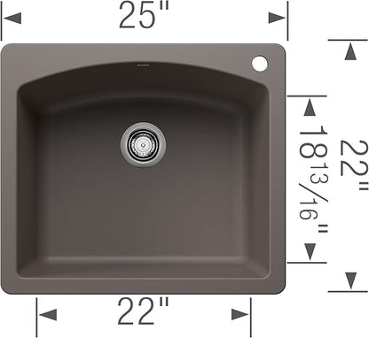 BLANCO 443097 Diamond Silgranit Single Bowl Sink Drop-In or Undermount, 25" L X 22" W - Volcano Gray